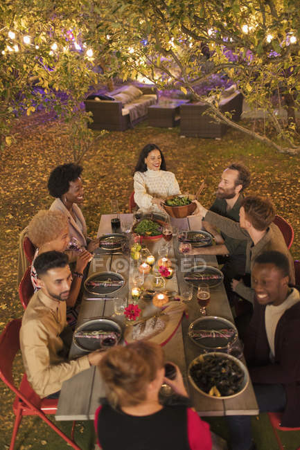 Amici che si godono la cena in giardino — Foto stock