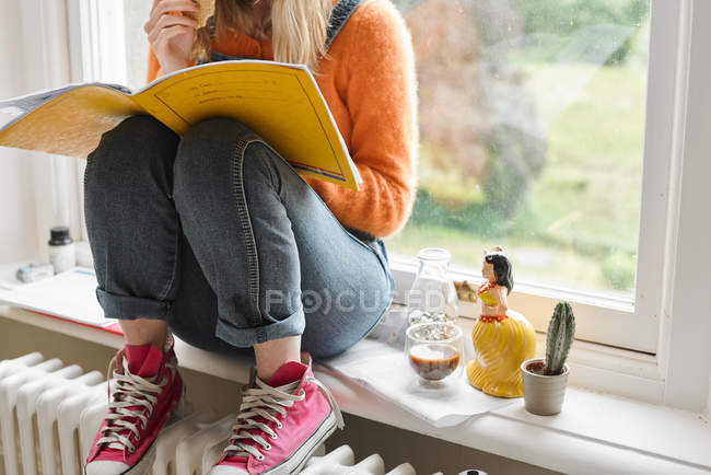 Jovem estudante universitário do sexo feminino estudando na janela — Fotografia de Stock