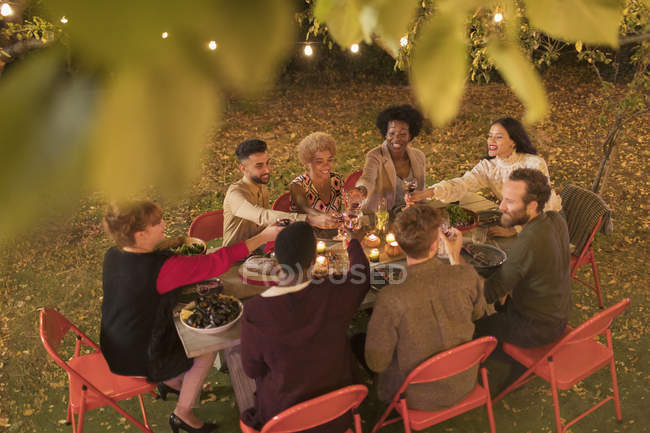 Amigos brindar vinho, desfrutar de jantar jardim festa — Fotografia de Stock