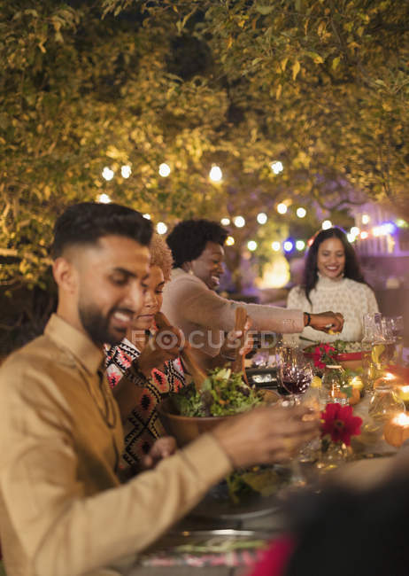 Друзья наслаждаются ужином в саду — стоковое фото
