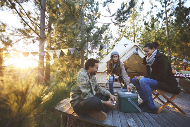 Amigos jogando cartas fora yurt no acampamento ensolarado na floresta — Fotografia de Stock