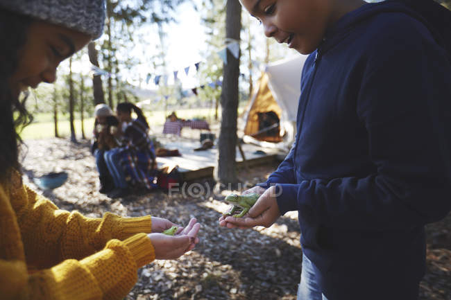 Brother and sister holding tree frogs at campsite in woods — Stock Photo