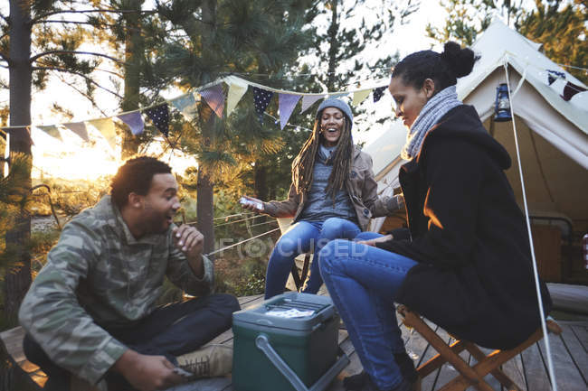 Amigos felices jugando a las cartas en el camping en el bosque - foto de stock