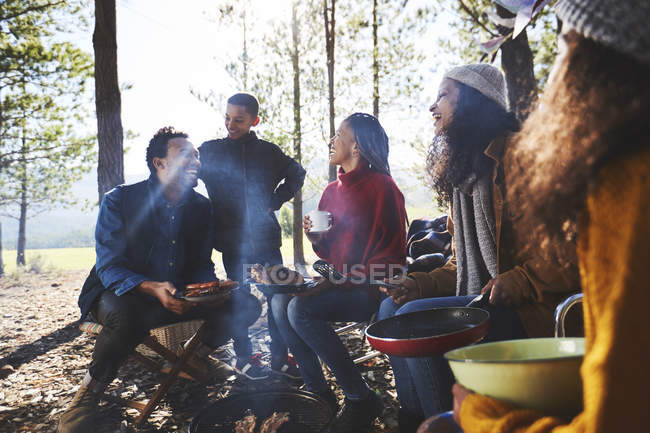 Familia y amigos comiendo en un camping soleado en el bosque - foto de stock