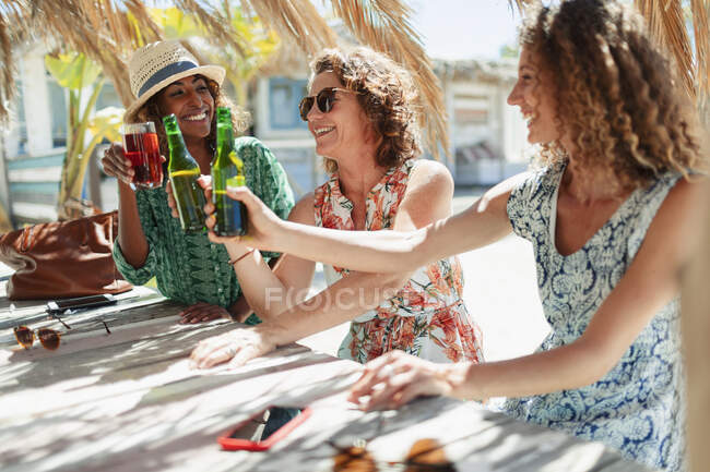 Le amiche felici bevono cocktail e birra al bar soleggiato sulla spiaggia — Foto stock