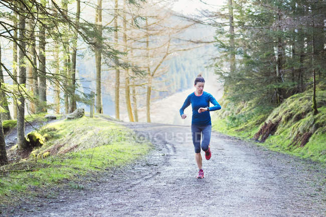 Woman jogging in woods — Stock Photo