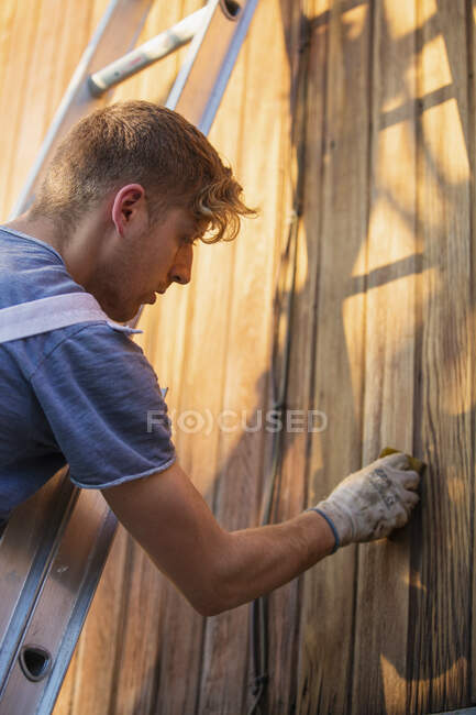 Männlicher Arbeiter auf Leiter beizt Holzabstellgleis an Haus außen — Stockfoto