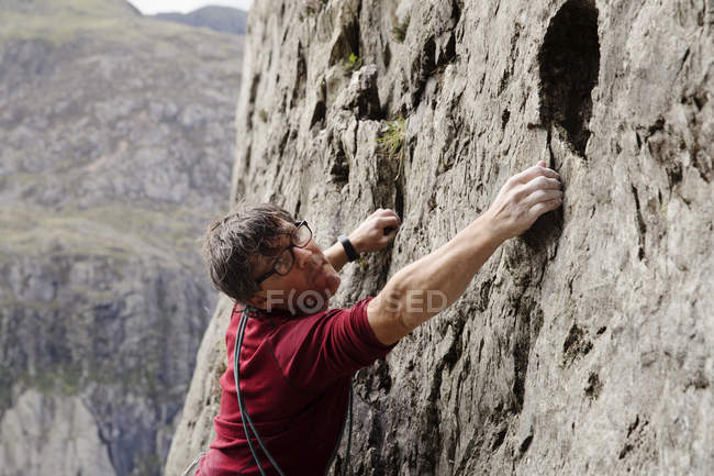 Maschio focalizzato scalatore scalatore parete di roccia — Foto stock