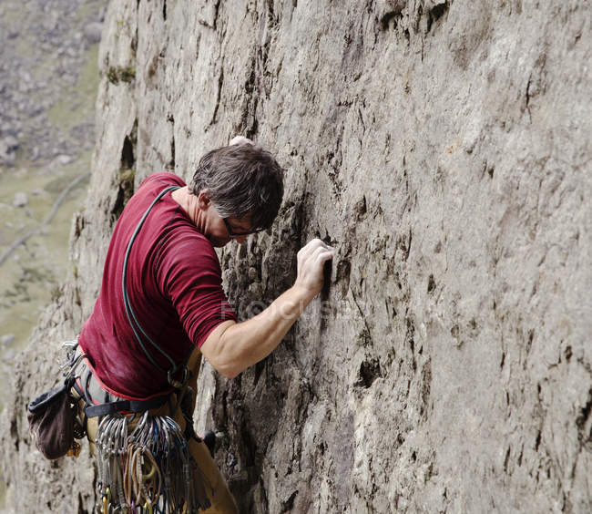 Escalador masculino escalando roca cara - foto de stock