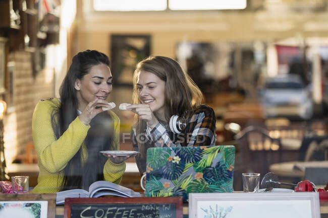 Jovens universitárias estudando, comendo sobremesa na janela do café — Fotografia de Stock