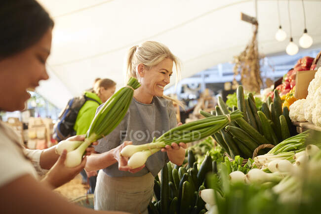 Mujeres trabajando, organizando productos en el mercado de agricultores - foto de stock