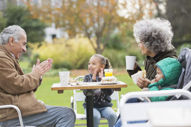 Бабусі і дідусі насолоджуються обідом за парковим столом — стокове фото