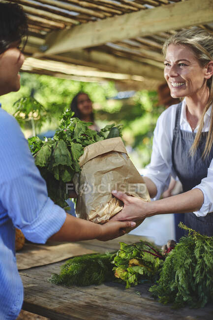 Улыбающаяся, дружелюбная женщина работает на фермерском рынке — стоковое фото