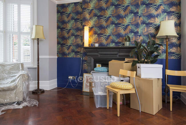 Boîtes de déménagement et effets personnels dans le salon — Photo de stock
