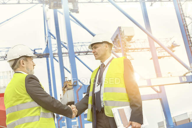 Dock managers shaking hands at sunny shipyard — Stock Photo
