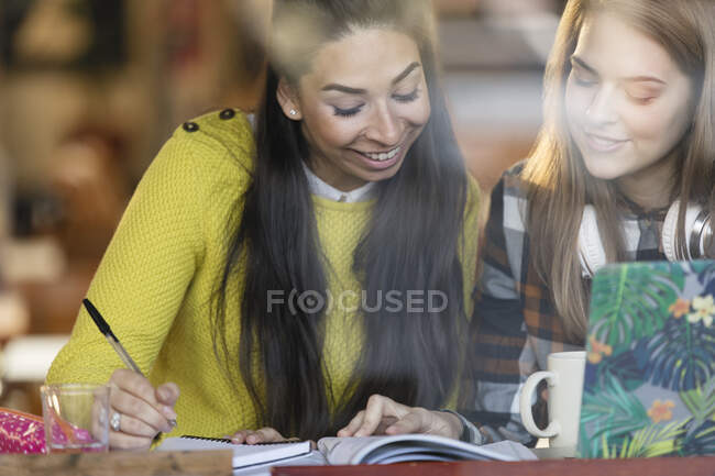 Jovens estudantes universitárias estudando no café — Fotografia de Stock