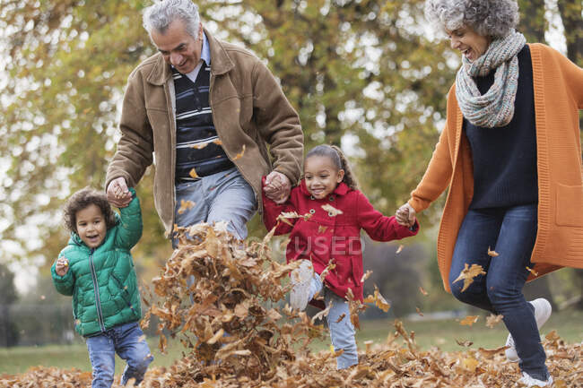 Playful grandparents and grandchildren kicking autumn leaves in park — Stock Photo