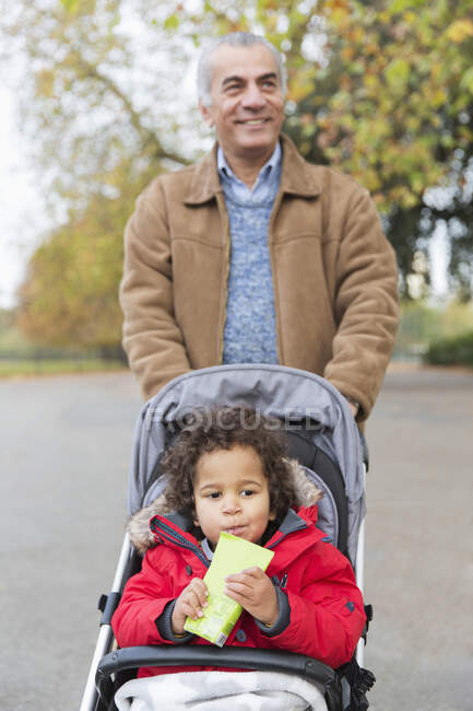 Smiling grandfather pushing toddler grandson in stroller in park — Stock Photo