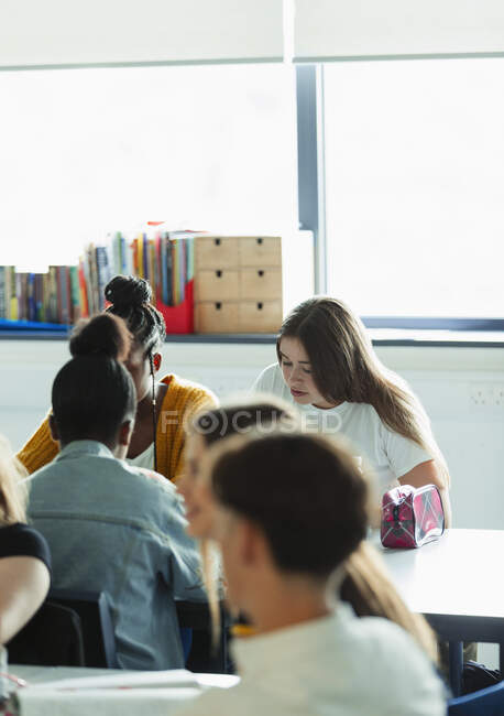 High school girl students studying in classroom — Stock Photo