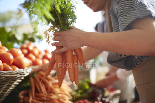 Mulher segurando monte de cenouras no mercado agricultores — Fotografia de Stock