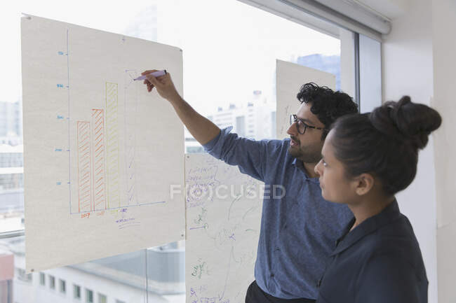 Business people brainstorming, drawing bar graph in office — Stock Photo