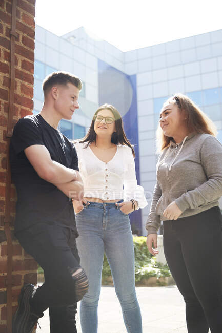 College students talking outside sunny building — Stock Photo