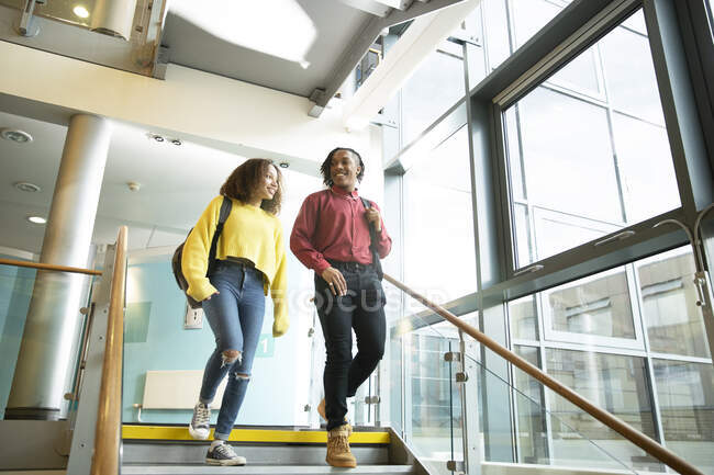 Smiling college students descending staircase — Stock Photo