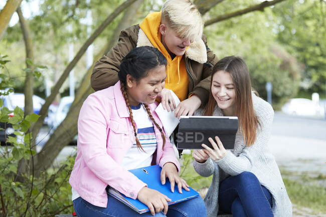 Estudiantes universitarios con tableta digital estudiando en el parque - foto de stock