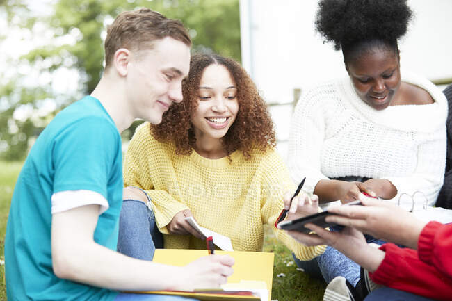 Estudiantes universitarios estudiando y usando tableta digital en el parque - foto de stock