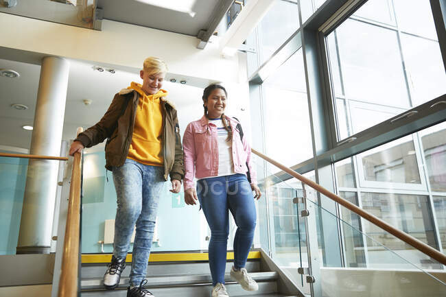Впевнені молоді студентки коледжу спускаються сходами — стокове фото