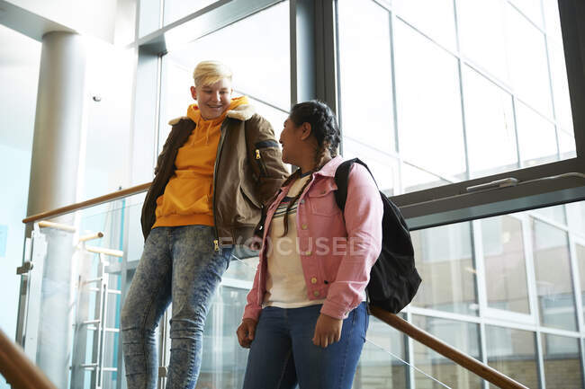 Jóvenes estudiantes universitarias hablando por la escalera - foto de stock