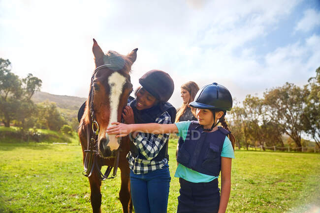 Meninas felizes acariciando cavalo na ensolarada paddock rural — Fotografia de Stock