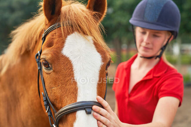 Teenage girl in equestrian helmet petting horse — Stock Photo