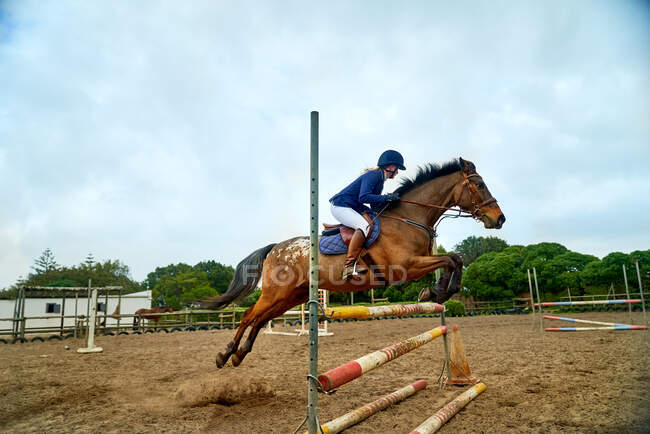 Девочка-подросток практикует конный прыжок в загоне — стоковое фото