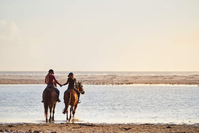 Молодые женщины катаются на лошадях по океанскому пляжному серфингу — стоковое фото