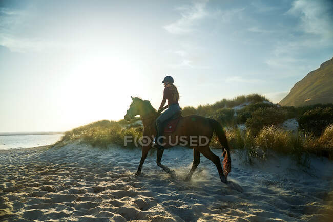 Mujer joven a caballo en la playa soleada y tranquila - foto de stock