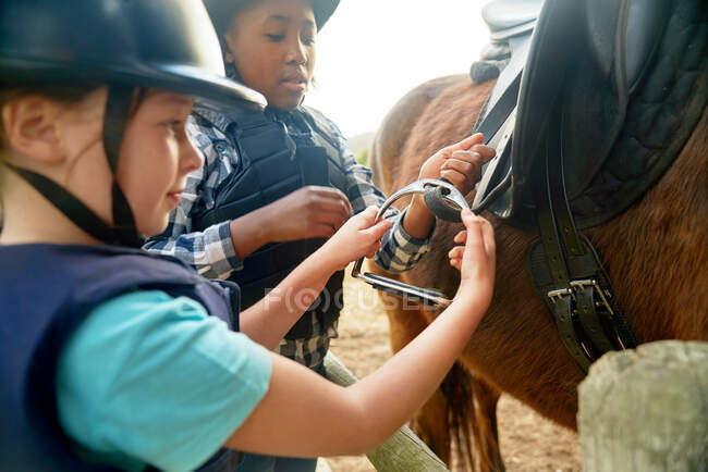 Meninas ajustar estribos se preparando para passeios a cavalo — Fotografia de Stock