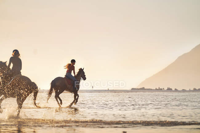 Молодые женщины катаются на лошадях в океанском серфинге на закате — стоковое фото