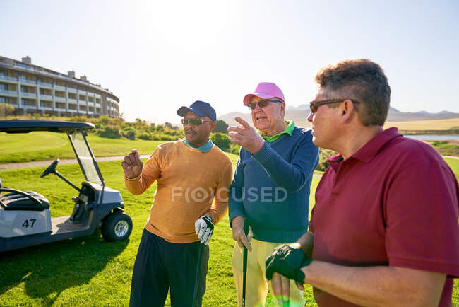 Друзья-гольфисты разговаривают на солнечном поле для гольфа — стоковое фото