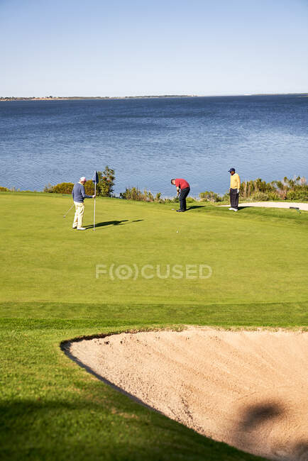 Golfistas masculinos no ensolarado lago colocando verde — Fotografia de Stock