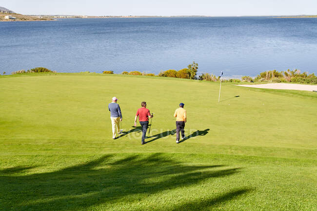 Чоловіки гольфи йдуть до шпильки на сонячному березі озера, ставлячи зелений — стокове фото