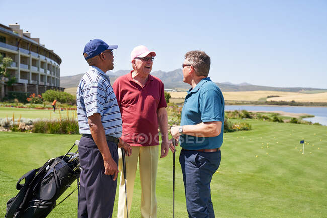 Glückliche männliche Golffreunde unterhalten sich auf sonnigem Golfplatz — Stockfoto