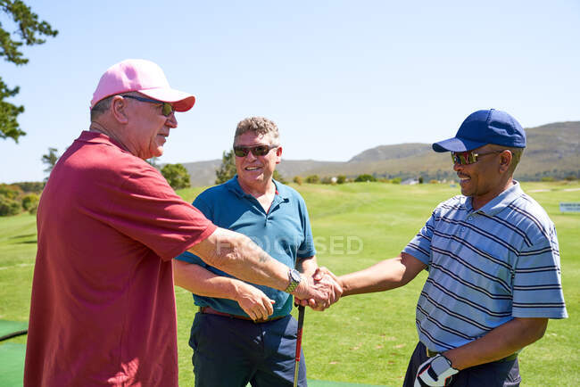 Golfistas masculinos apertando as mãos no campo de golfe ensolarado — Fotografia de Stock