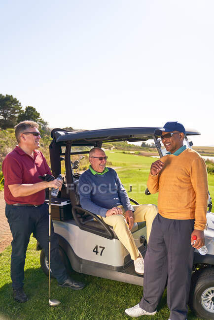 Männliche Golffreunde unterhalten sich am sonnigen Golfwagen — Stockfoto