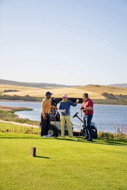 Amigos golfistas masculinos hablando en el soleado campo de golf junto al lago - foto de stock