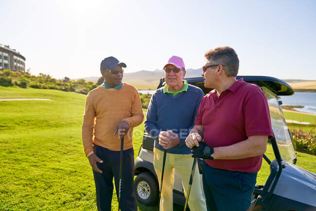 Maturo golfisti maschi parlando al sole golf cart — Foto stock
