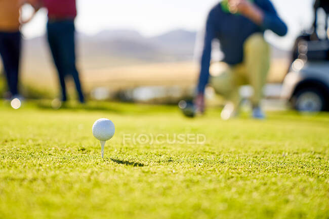 Golf ball on tee in grass on sunny tee box — Stock Photo