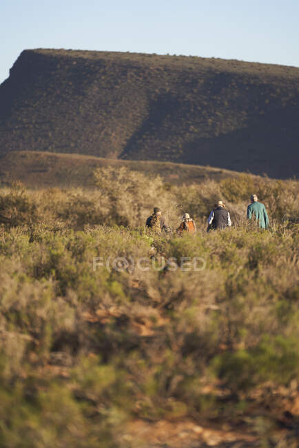 Safari tour di gruppo passeggiando lungo la soleggiata prateria paesaggio Sud Africa — Foto stock