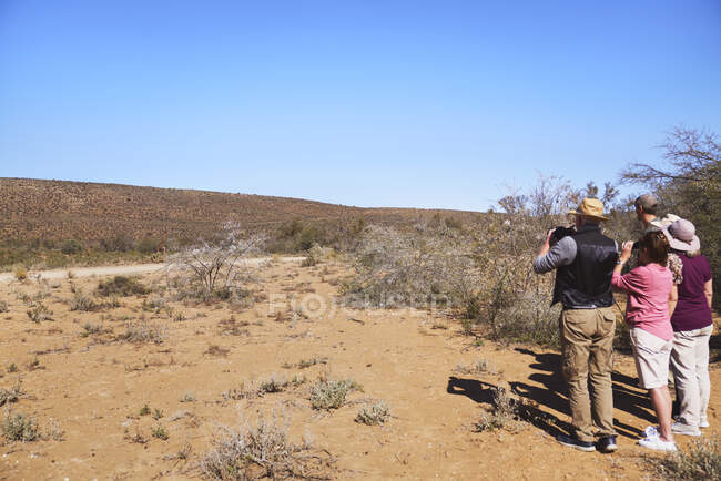 Safari grupo turístico en los pastizales remotos soleados Sudáfrica - foto de stock