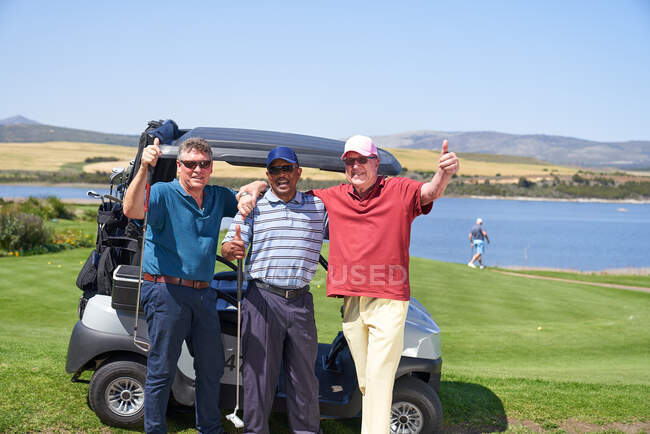 Retrato feliz maduro golfistas masculinos en el carrito de golf en campo soleado - foto de stock